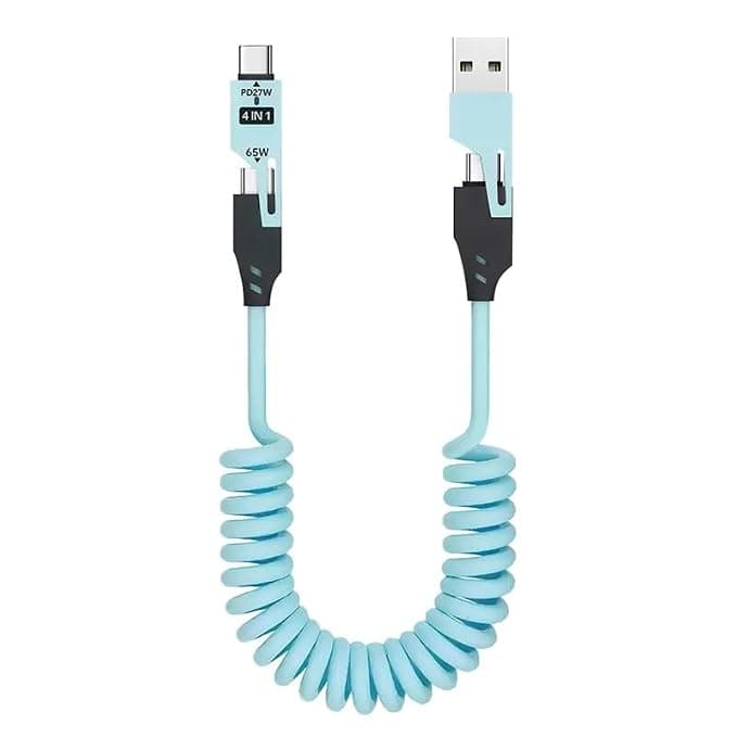 4-in-1 Fast Charging Cable 65W – USB & Type-C to Type-C/I Multi-Device Spring Coiled Charging Cable – Universal High-Speed Data Cable for iPhone, Android, iPad, Laptop & More