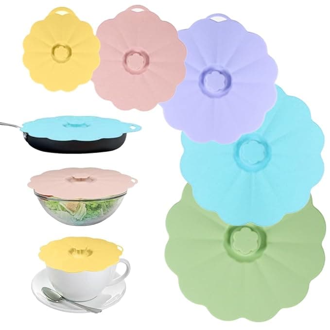 HASTHIP® Silicone Lids 5 Sizes Kitchen Container Lids 4-12 Inches Color Flower Shape Silicone Lids Heat Resistant Silicone Cover with Handle Air-tight Lids for Bowl, Pot Soup Bowl, Food Containers