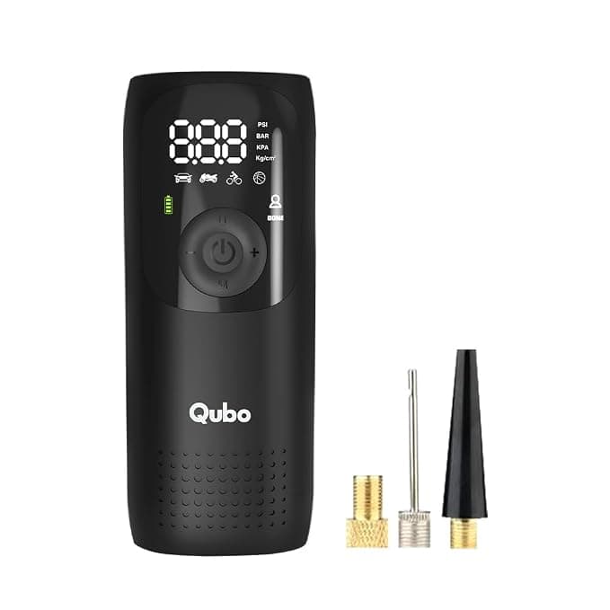 Qubo Digital Tyre Pressure Inflator by Hero Group | 5000 mAh Battery | 150 PSI | Type-C Charging | LED Light | Digital Display | 5 Air Fill Modes | Multiple Modes | Multiple Nozzles