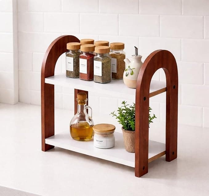 FireBees 2 Tier Kitchen Counter Organizer, Wooden Kitchen Organizer Rack for Spices & Storage, Kitchen Shelf Organiser Stand, Masala Organizer Rack, Aesthetic Kitchen Organizer Items 33 x 16 x 25 cm