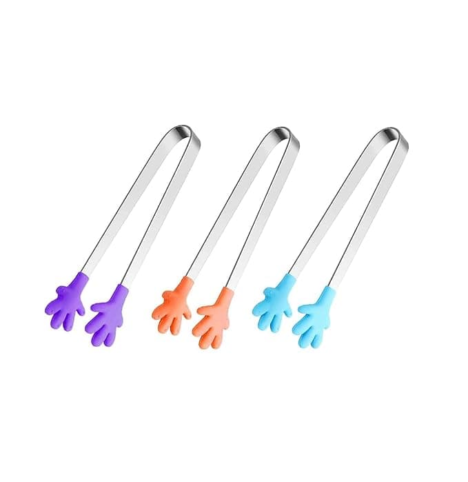 HASTHIP® 3Pcs Small Kitchen Tongs - 5.1'' Stainless Steel Creative Color Silicone Palm Food Tongs for Desserts, Pastries, Ice Cubes, Sushi, Kids and Parties