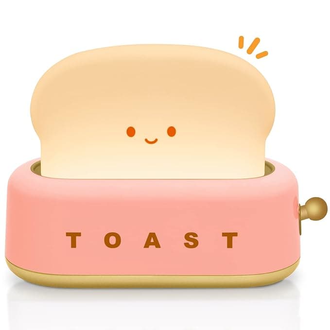 One94Store Plastic Cute Toast Night Lamp for Kids | Rechargeable LED Bedside Table Light with Smile Face | Kawaii Desk Lamp for Bedroom, Nursery, Study & Gift Décor Pink