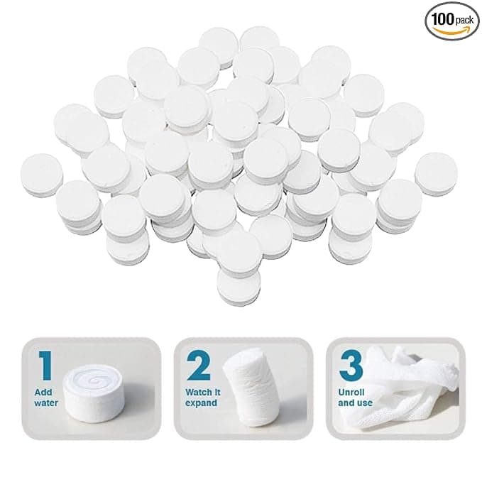 Multibrite 100Pcs Compressed Towel Tablets, Facial Cleansing Tissue, Mini Tablets Disposable Towels, Makeup Remover Pads, Water Activated Coin Tissue for Beauty Salon, Travel, Sports & Personal Use