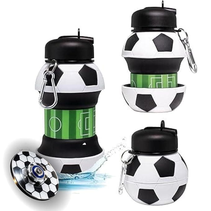 Collapsible Silicone Water Bottle 550ml. | Portable for School, Sports, Travel & Outdoor Activities | Football-Shaped, BPA-Free, Leakproof Kids Bottle with Fidget Spinner& Carabiner Clip