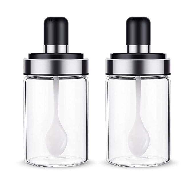 Meetzone Kitchen High Borosilicate Glass Food Jar With Spoon - Honey, Spice, Salt & Sugar Storage Bottle - 250Ml (2Ps), Multicolor