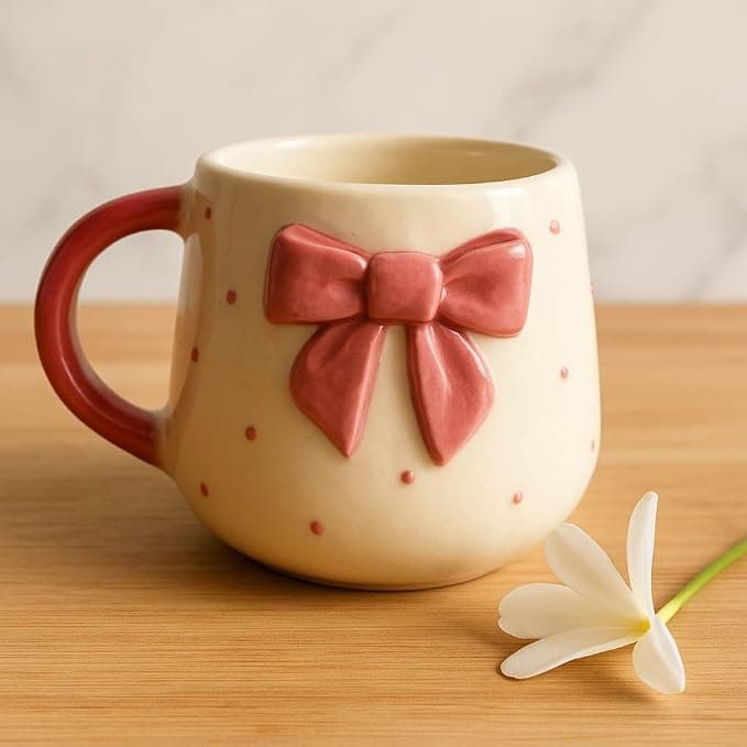 Cute Pink Bow Ceramic Mug for Coffee Tea Milk | 3D Bow Design Gift Mug for Girls Women Kids | Premium Glazed Polka Dot Finish (1)