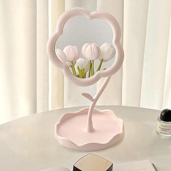 Flower-Shaped Makeup Mirror, Rotatable Makeup Mirror with Tray Table Vanity Mirror Cute Flower-Shaped Mirror for Tabletop, Bedroom, Bathroom, Living Room(Multicolour)