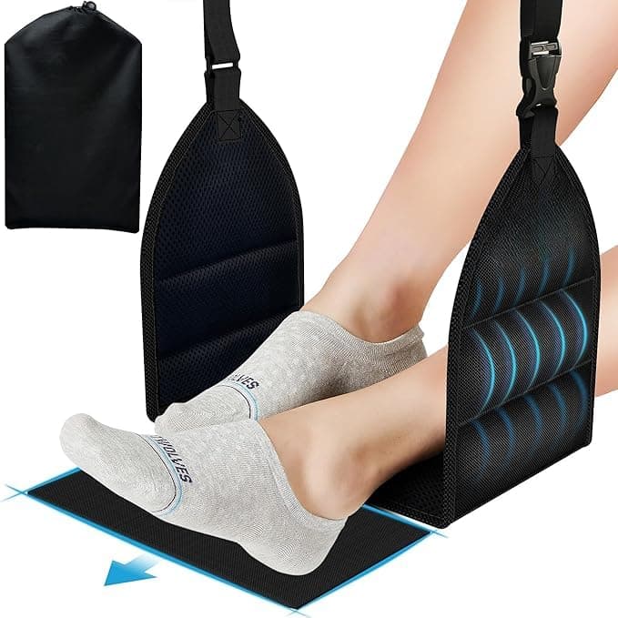 Portable Airplane Footrest for Airplane Travel - Comfortable Foot Hammock w/Memory Foam & Hardboard for No Feet Clashing - Ideal for Pain and Swelling Relief