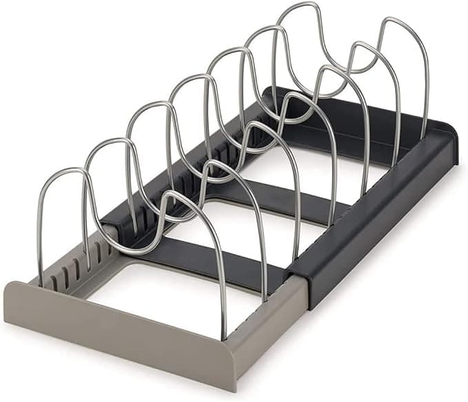 INOVERA (LABEL) Expandable Dish Rack for Kitchen - Steel Pan Pots Lid Holder with 7 Adjustable Compartment - Cabinet Organizer (Black)