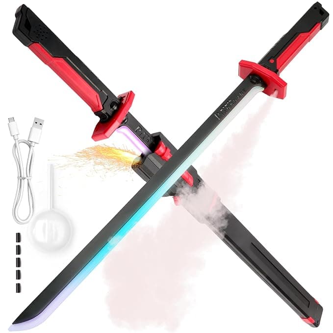 Cyberpunk Spark Sword Toys- 31.5inch 8 Colors RGB LED Light, Mist Spray, Cool Spark, Smart Hit Sound Interaction