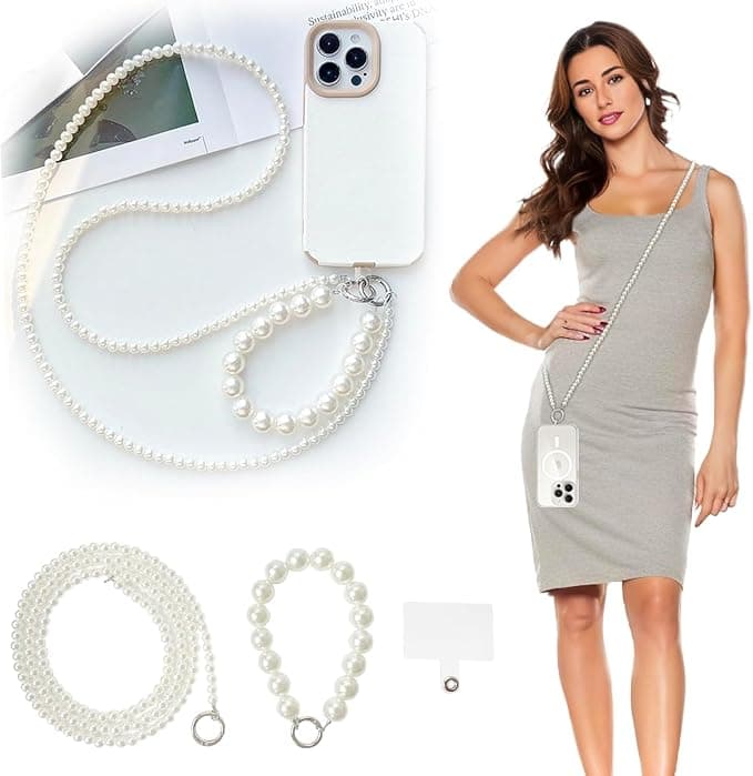 Phone Chain Crossbody Pearl Strap, Pearl Beaded Chain Shoulder Crossbody Lanyard with Phone Tether Patches Compatible with Most Phones Bag Purse