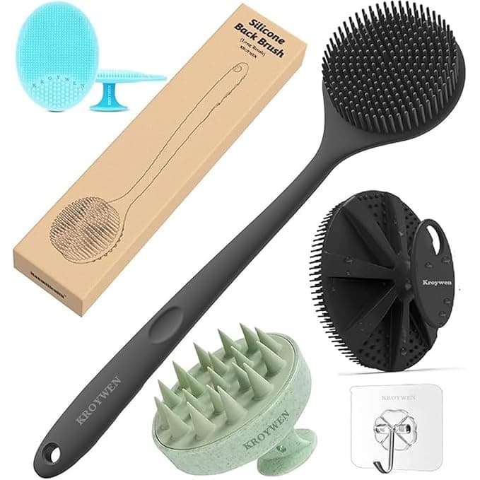 KROYWEN Soft Silicone Back Scrubber Long Handle Bath Brush + Body Scrubber Bath Brush + Scalp Massager for Hair + Face Scrubber Brush, Combination Combo, Super-Exfoliating & Lathering Body Scrubber, Shower Brush | BPA-Free | for Men and Women (7 Pcs Combo)