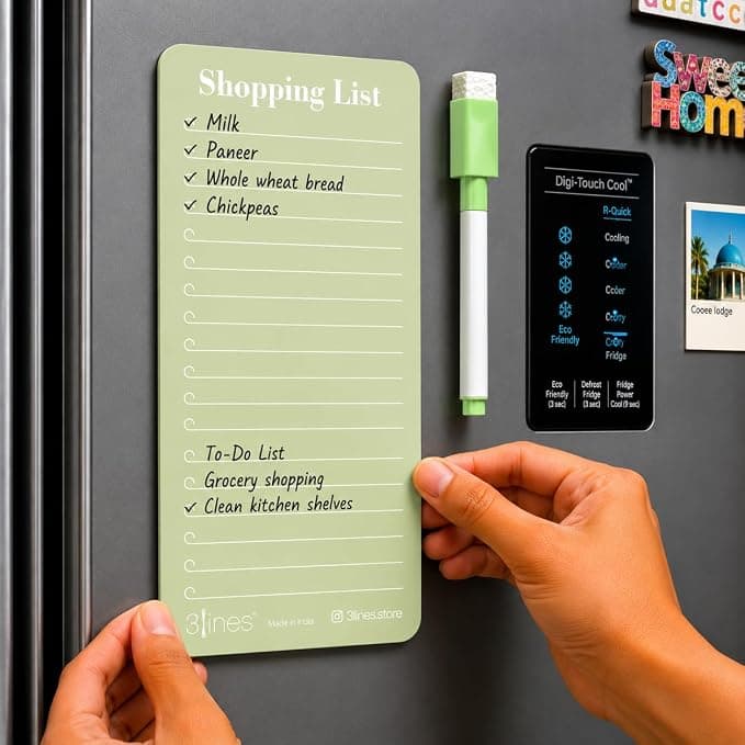 3 Lines Acrylic Magnetic Shopping List Notepad for Fridge │ To-Do List & Meal Planner │ Dry Erase Marker Included │ Kitchen Organisation │ 9 x 24 cm | Kiwi color | Regular
