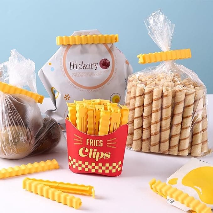 Creative French Fries Snack Sealing Clips with Magnetic Storage Box – Crinkle Design Air-Tight Food Sealer for Kitchen Pouch, Chips, and Dry Fruits – Fridge Magnet Holder (12, Yellow)