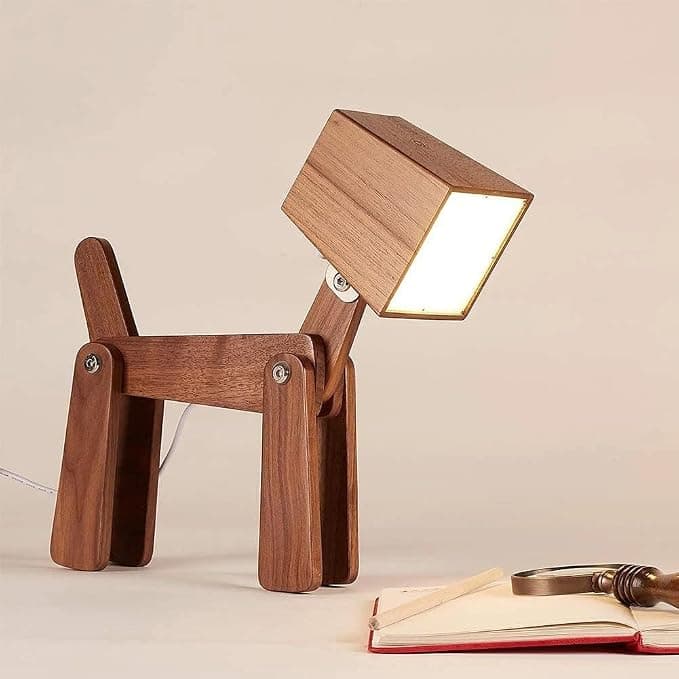 Artistic Gifts Wooden Dog Lamp Handcrafted Study Table LED Lamp for Kids Room Decoration | Cute Dog Shape Desk Light | 3 Color Modes | Adjustable Brightness | Touch Dimmer | Rechargeable. Walnut