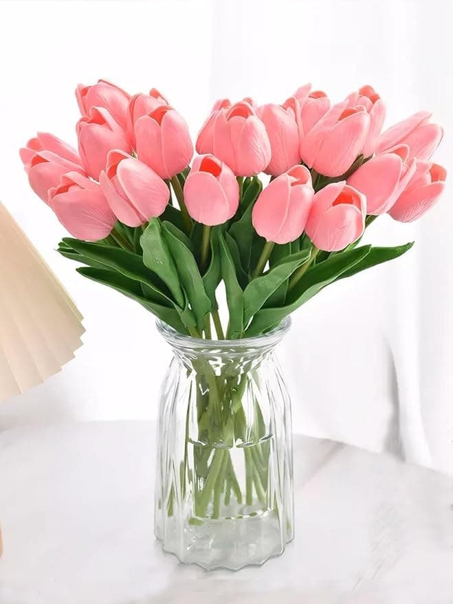 TIED RIBBONS 5 Pcs Artificial Tulip Flowers Bunches for Vase (Pink, 34 Cm) Home Decoration Items for Living Room Corner Table Top Bedroom Wedding Party Decorative Gift (Vase Not Included) - Silk