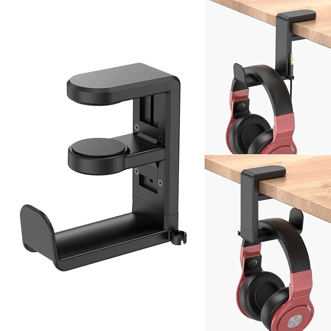 Techzere Headphone Stand Holder Hanger 360 Degree Swivel for Table Hanging Hook for Gaming and Regular Headphones Black