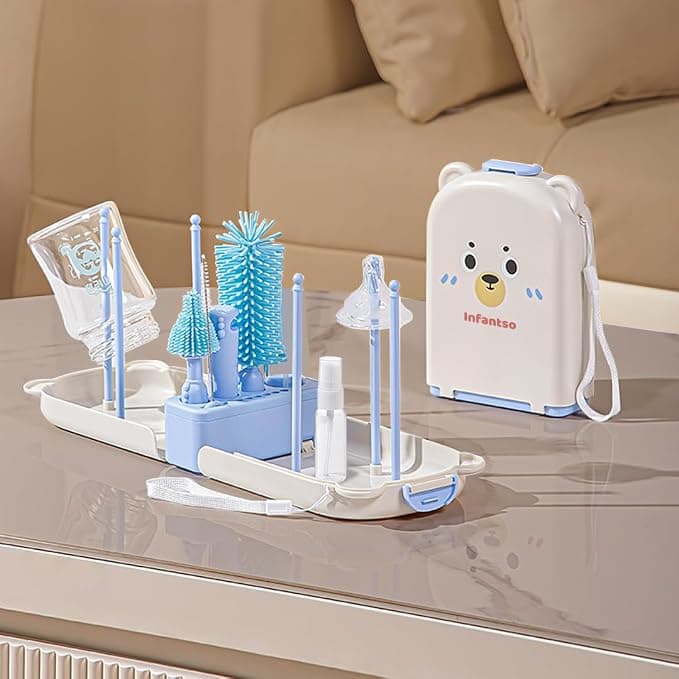 Infantso Foam-O (10-in-1) Baby Bottle Cleaning Brush Set – Feeding Bottle Cleaner Kit for Newborn Essentials with Pacifier Brush, Straw Brush, Drying Rack & Soap Dispenser | BPA-Free Silicone Bristles