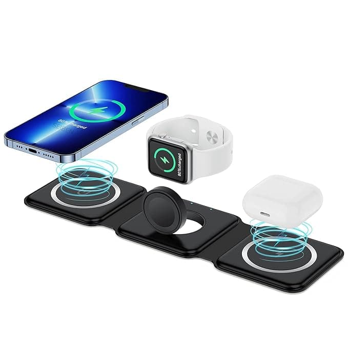 3 in 1 Magnetic Foldable MagSafe compatible Wireless Charger for iPhone 17 to 12 Series | Compatible with AirPods 2/3, Pro2, Pro3 | Compatible with only Apple Watch Series | 23W Charging - Matte Black