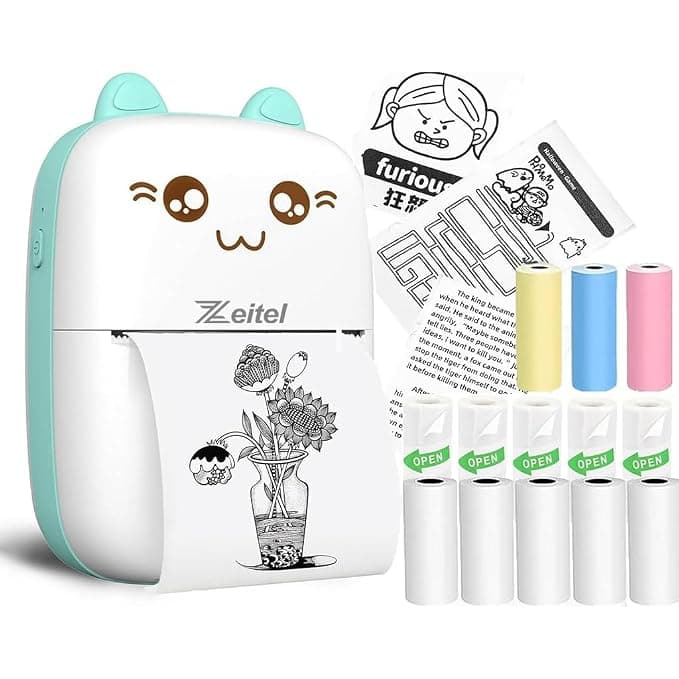 ZEITEL® Mini Bluetooth Thermal Printer, Portable Label Printer Inkfree Printer for Android & iOS System, Black on White Thermal Printer with 13 Roll of Print Paper, Stickers, Blue