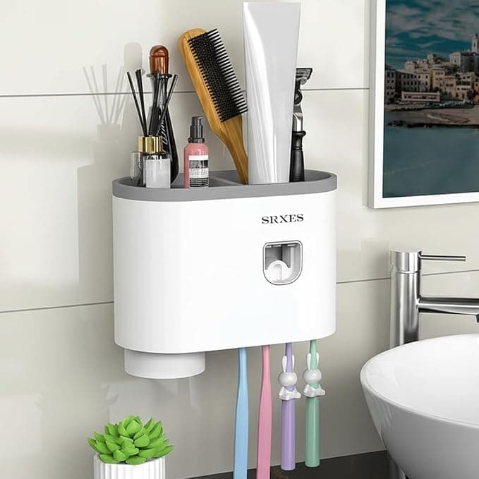 Srxes Toothbrush Holders for Bathroom, Toothbrush Holder Wall Mounted, Toothpaste Dispenser, Brush Holder for Bathroom Wall (1 Cup, White) Acrylonitrile Butadiene Styrene (ABS)