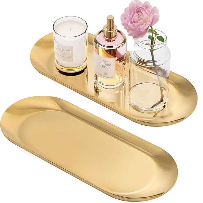 HASTHIP ® 2Pcs Enlarged Golden Rectangular Trays Stainless Steel Bathroom Tray Set,Multipurpose Organizer for Vanity,Makeup,Perfume,Jewelry,Skincare,Durable & Rustproof,Ideal for Home Décor,30x12cm