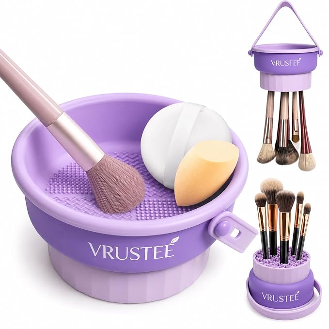 3-in-1 Silicone Makeup Brush Cleaner Bowl with Drying Holder – Portable Cosmetic Brush Cleaning Pad with Suction Cups – Brush Washing Bowl, Puff And Sponge Cleaning Tool, Sponge Cleaner