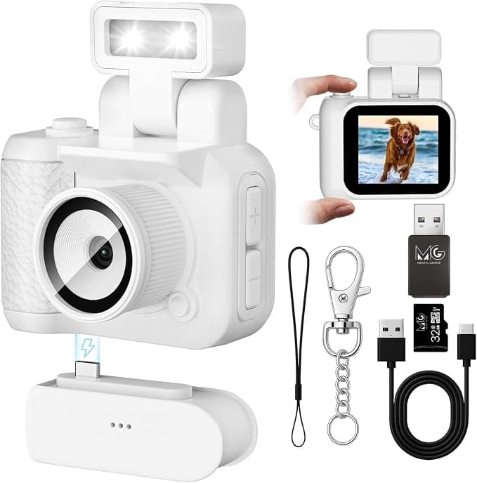 mini Camera Keychain Real for HD 1080p Nostalgic Retro Photos, Video vlogging, with 1.4 in LCD Screen | 32 gb sd Card | Card Reader |Portable Camera for Travel Recording (White)