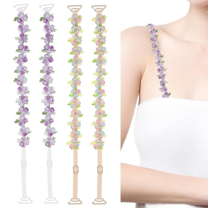 SANNIDHI® Bra Straps for Women Fancy Embroidered Floral Straps for Bra, 1.8cm Width Stretchy Adjustable Bras Strap Replacement for Off Shoulder Tops Dress Evening Dress
