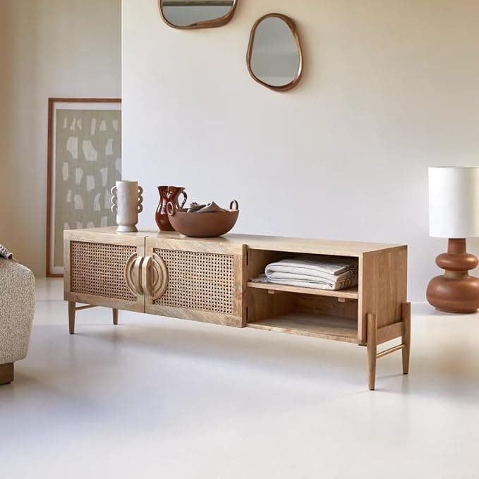 Osho Rattan Solid Wood TV Unit for Living Room | Pure Mango Wood Entertainment Cabinet | Cane Design TV Stand | Natural Finish | 144 x 36 x 45 cm | Assembly - DIY