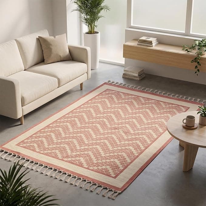 Peepul Tree Rectangular Handmade Pure Cotton Rugs for Living Room | Multipurpose Carpet for Hall, Bed Room and Corridor | Sustainable Dhurrie Rugs | 3x5Ft | Coral, and Ivory | Chintz Collection