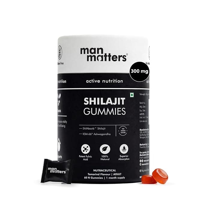 Man Matters Pure Shilajit/Shilajeet Gummies with Lab-Tested Fulvic Acid & KSM 66 Ashwagandha | Boosts Fitness, Improves Energy Levels & Helps Manage Stress | No Added Sugar | Pack of 60