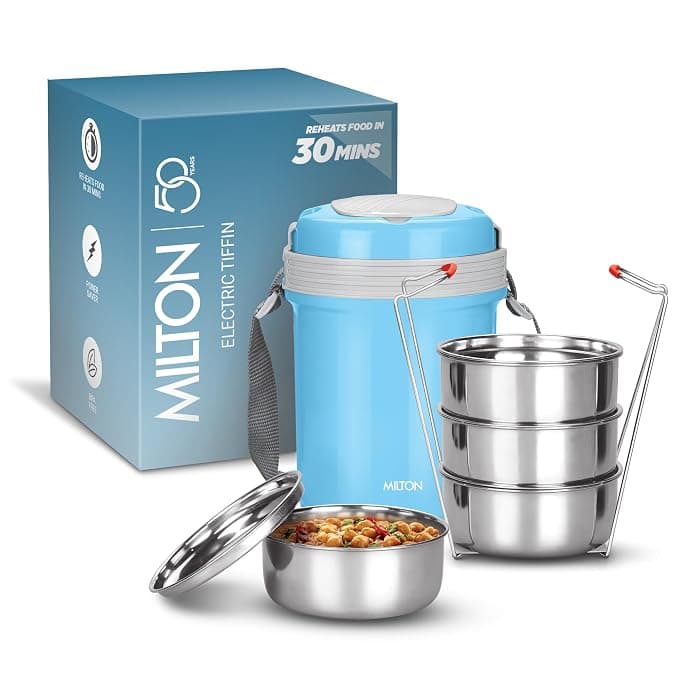 MILTON Electron Portable Electric Lunch Box I Set of 4 Stainless Steel Containers I Auto Shut Off I Cool Touch Shock Proof Body I Ideal for Hot Food at Office, Hostel, Travel I 1.44 L, Blue
