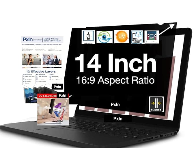 Pxin 14 Inch Privacy Screen Filter - No Eye Strain | Anti Blue Light + Anti Glare | No Dry Eyes | Privacy Screen Protector | Eurofins Lab Tested