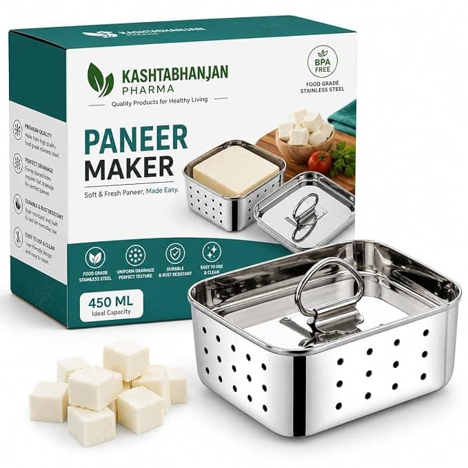 KASHTHABHANJAN PHARMA® Large Stainless Steel Paneer Maker (500 ml) - Square Paneer Maker Mould Press with Lid | Rust Resistant Medium Paneer Strainer - Perfect for Fresh Paneer, Tofu & Sprouts