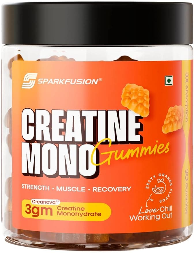 Sparkfusion Creatine Mono Gummies Lab-Tested Creanova® | 30 Gummies | 3g Creatine Monohydrate per Serving | Faster Absorption | No Bloating | Muscle, Strength & Recovery | Orange Flavour