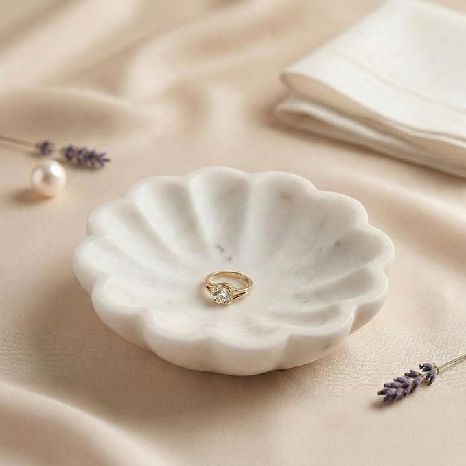 Handcrafted Marble Jewelry Tray, Decorative Trinket Dish for Rings Earrings Necklace Bracelet, Key Bowl, Ideal Gift for Mother Sister Daughter Friends, Birthday Wedding Christmas 5"