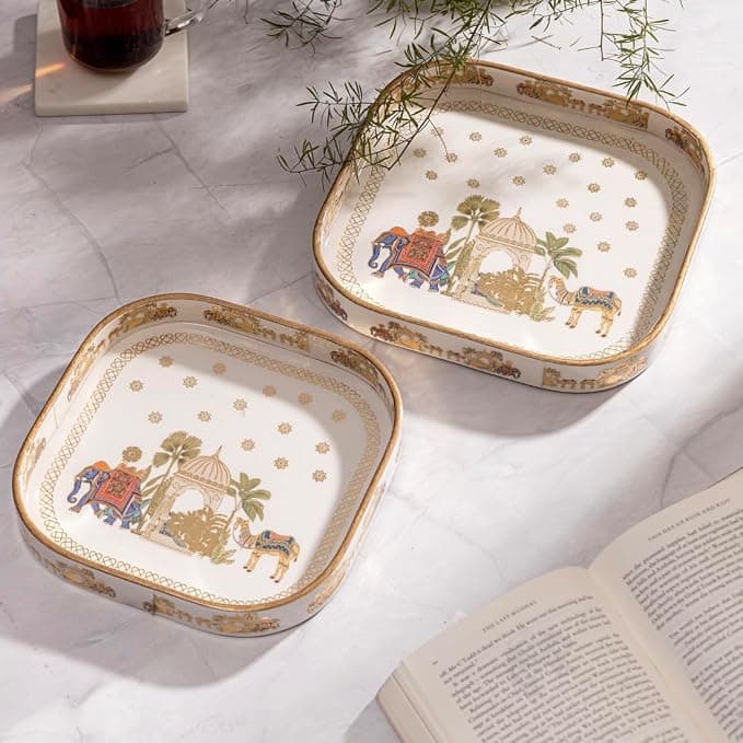 DULI Set of 2 MDF Wooden Trays with Enamel Coated Digital Print | Multipurpose Decorative Trays | 9x9 & 8x8 inch | Wipe & Use | Water-Resistant | Made in India (SmallSetof2CurvedSq-CamelElephant)