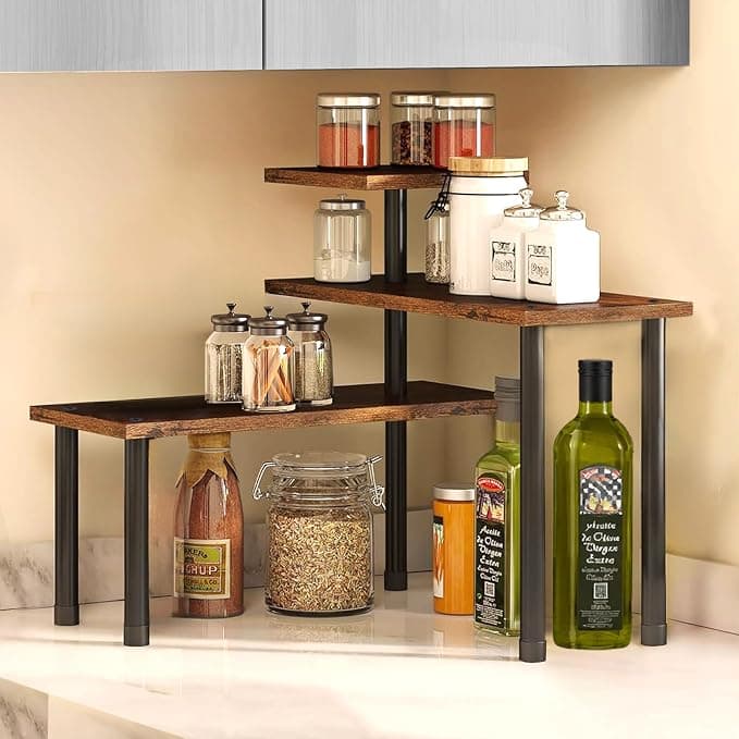 ABJA Stylish Wooden Rack for Kitchen Storage, Corner Shelf for Kitchen, Organizer Rack, 3 Tier Spice, Oil Stand, Tabletop Adjustable Rack for Makeup, Office (Rustic Brown, 3 Tier Lite)