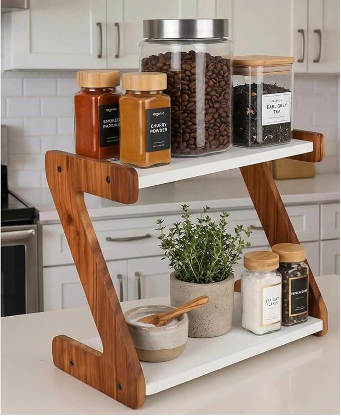 Wooden Spice Rack Organizer – 2 Tier Kitchen Counter Organizer Stand | White Shelves Storage Rack for Spices, Condiments & Kitchen Essentials - 33 x 16 x 25 cm