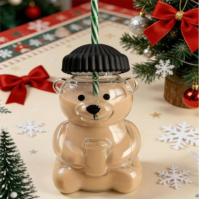 Mfacoy 2026 New Glass Bear Cup Bear Straw Cup, 20oz Cute Bears Glass Tumbler with Reusable Straw - Cute Animal Mug for Hot and Cold Drinks, Smoothies, Water, Juice, Travel & Gifts (Black)