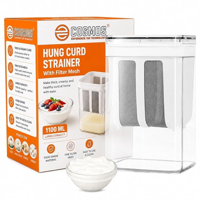 E-COSMOS® Plastic Multipurpose Greek Yogurt & Curd Maker Hung Curd - 1100ml | Durable, BPA-Free | Easy Homemade Yogurt & Cheese (Yogurt Maker), 10L x 8W x 16H cm, Multi-Coloured