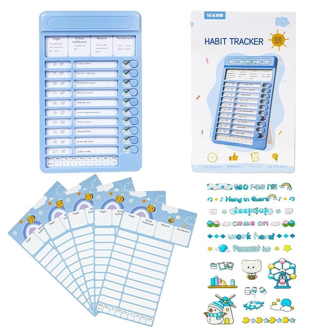 WISHKEY Habit Tracker Daily Planner For Kids And Adult Chore Chart Plastic Checklist Board 15 Detachable Cardstock to Do List Planner Checklist Task Planning Board for Kids and Adults (Blue)