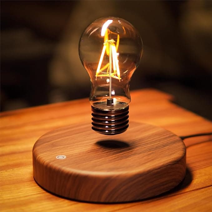 Wood Magnetic Floating LED Bulb Lamp - Automatic Rotating Desk Light for Unique Home Office Decor, Brown