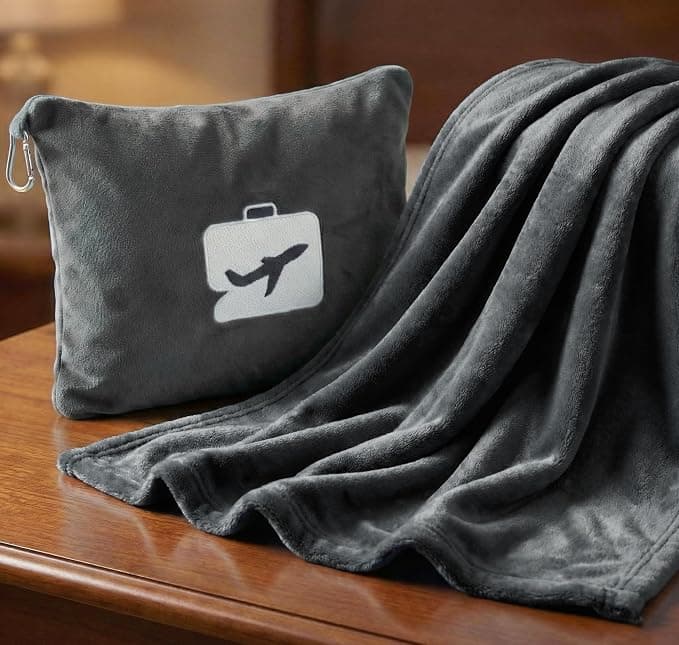 VAS COLLECTIONS Travel Pillow Blanket 2-in-1, Ultra Soft Flannel Blanket with Carry Case, 65x40 Inches, Compact Portable for Flights, Camping and Travel Comfort (Black Grey)