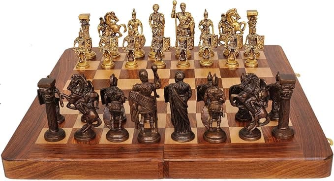SHORO Skywalk Hand Crafted Roman Brass Chess Set with Wooden Board, 2 Players for kids and adults,Brown