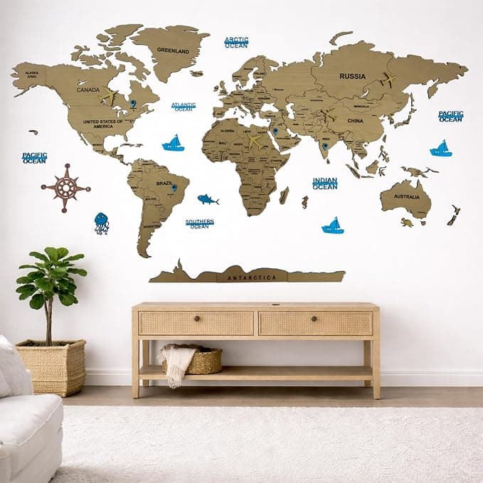 ELK 3D Wooden World Map Wall Decor with Country Names & Capitals | Premium Multilayer Laser Cut Wall Art | Easy DIY Installation | Travel Theme Home Decor for Living Room, Office | Size:XL (205x116CM)