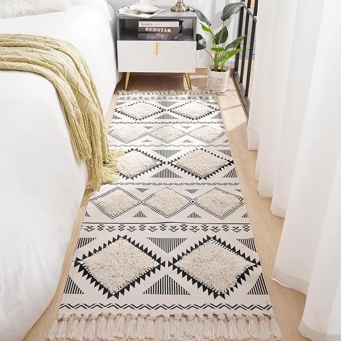 Hand Woven Tufted 100% Natural Cotton Export Quality Designer Rug,Carpet, Bed Side Runner for Bedroom,Living Room, Size-2x5 feet or 60 cms x 152 cms (White & Black)