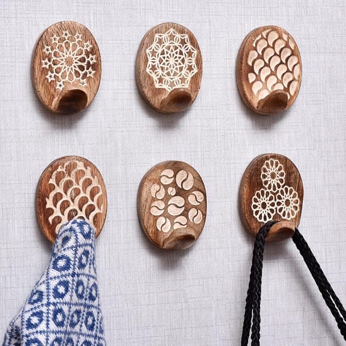 IndianShelf 6 Piece Wood Adhesive Decorative Wall Hooks for Hanging Coats, Keys, Towels, Hat, Leash- White & Brown Boho Sticky Wood Towel Hooks for Bathrooms (12 Strips Included)